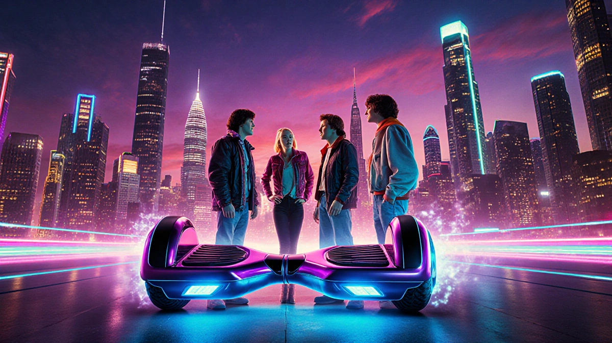 Young adults gather around a glowing hoverboard with neon skyscrapers and 80s outfits showing retro-futuristic style