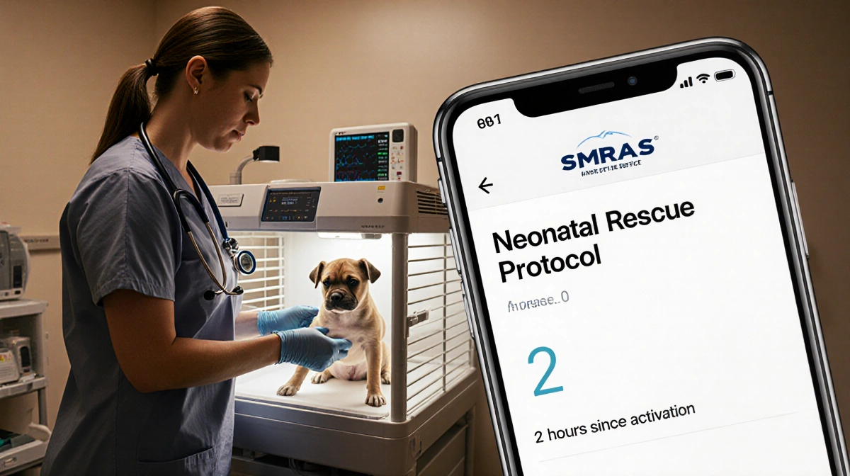 Veterinarian examining newborn puppy in incubator with medical equipment and smartphone showing neonatal rescue protocol