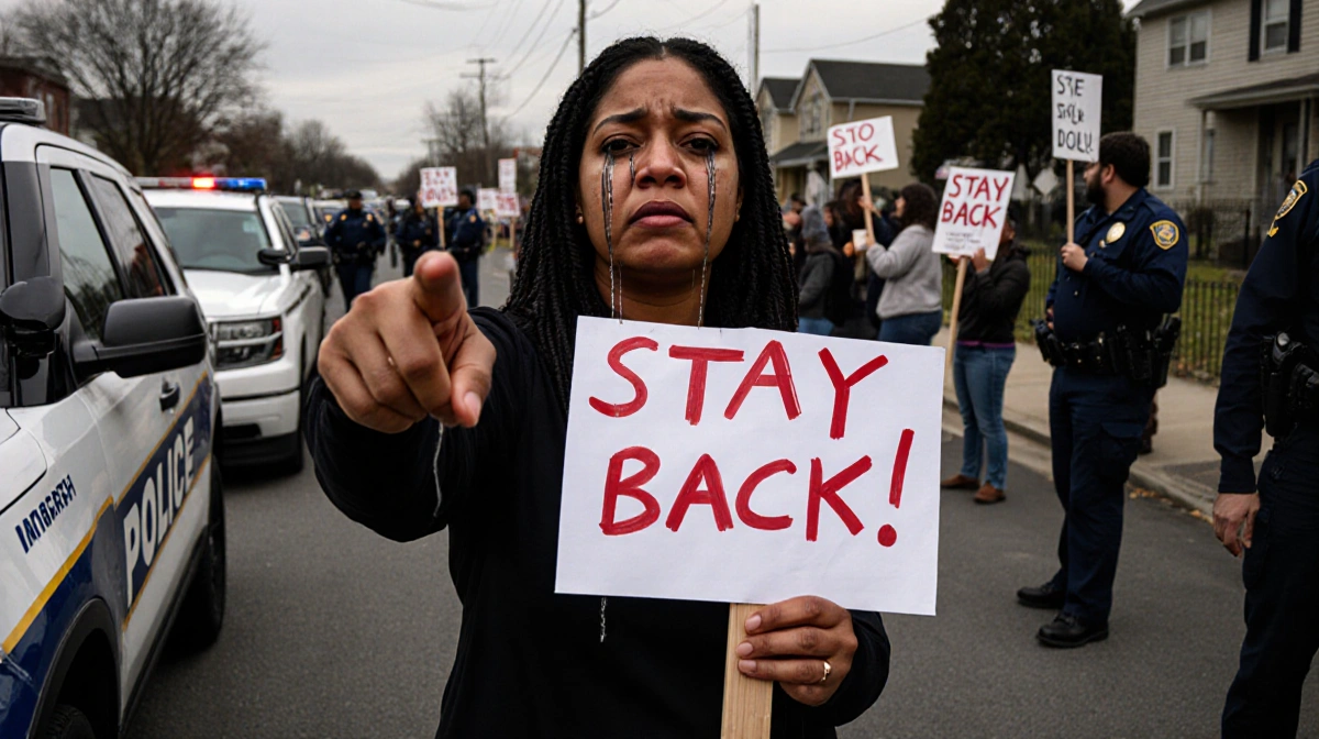 Neph Sudduth stands crying with protest sign warning ICE agents and demonstrators