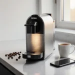 Nespresso machine brews morning coffee with stainless steel body glowing near cup and smartphone on counter