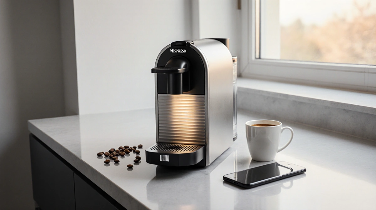 Nespresso machine brews morning coffee with stainless steel body glowing near cup and smartphone on counter