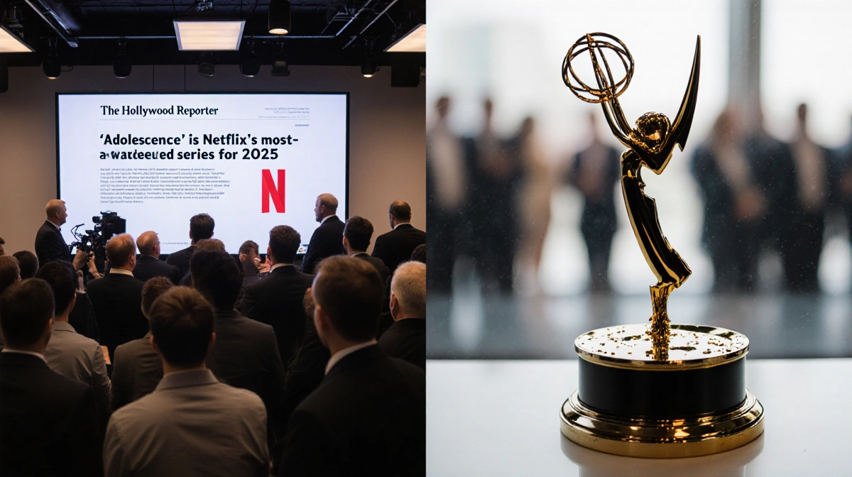 Journalists crowd around screen showing Netflix's Adolescence news with Emmy statuette on shelf