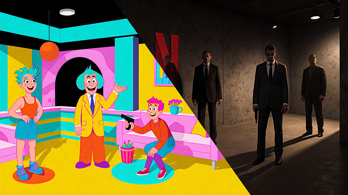 Split-screen collage juxtaposes a bright comedy stage with a dark espionage setting to show Netflix's creative risks.