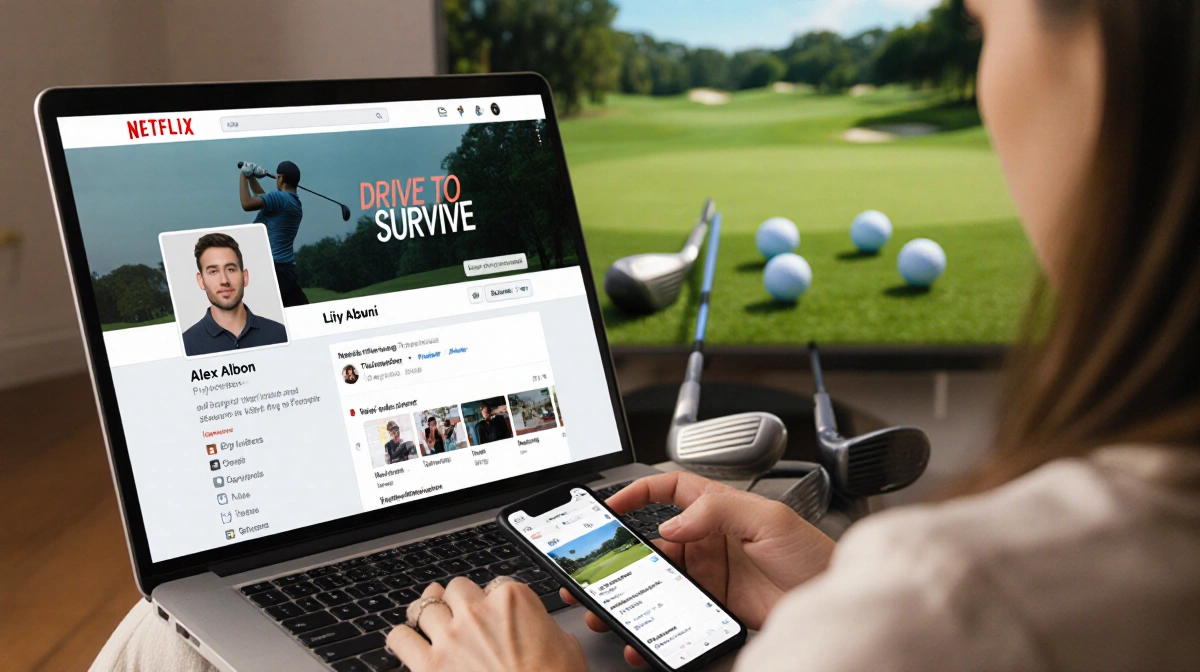 Smartphone shows Netflix Drive to Survive with Alex Albon profile while Lily Muni relaxes with golf gear nearby