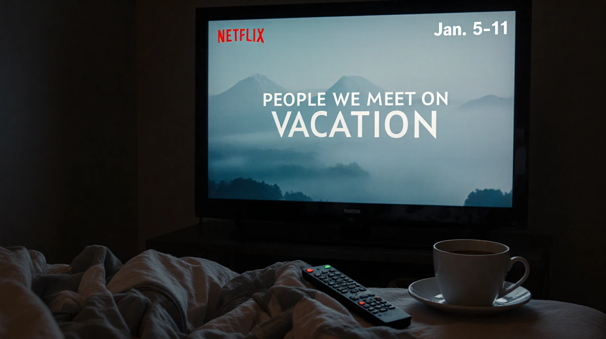 Netflix screen showing People We Meet on Vacation with remote and coffee on bedside table