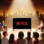 Excited contestants gather around a Netflix screen with judges and city skyline behind them