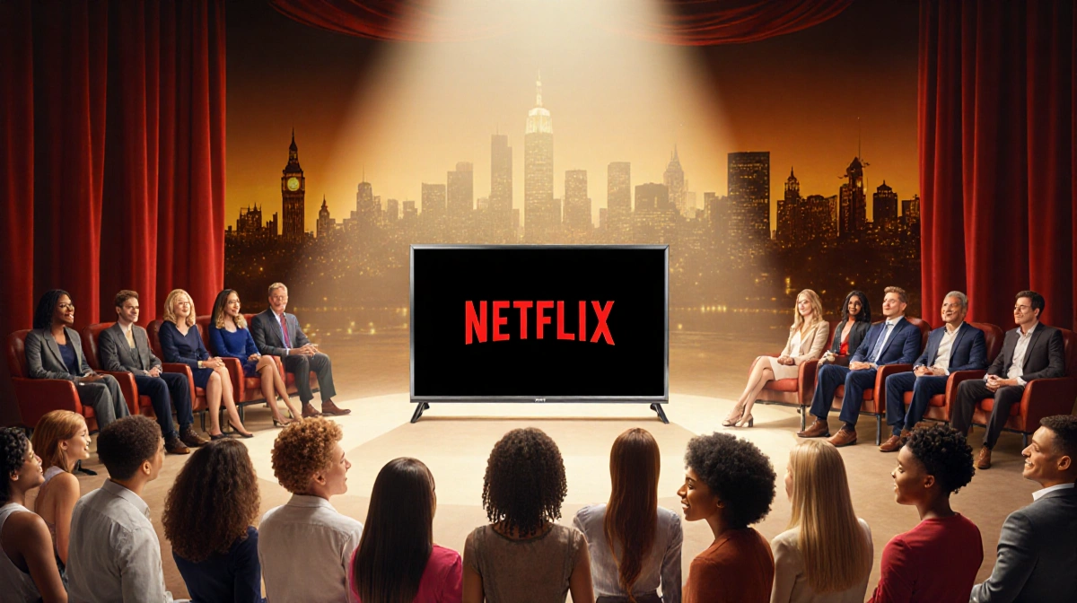 Excited contestants gather around a Netflix screen with judges and city skyline behind them