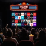 Crowded theater watches psychedelic Netflix screen with Stranger Things and The Witcher titles above excited audience