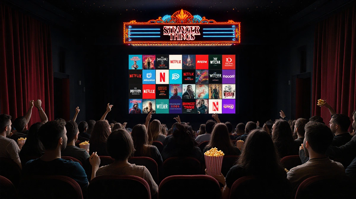 Crowded theater watches psychedelic Netflix screen with Stranger Things and The Witcher titles above excited audience