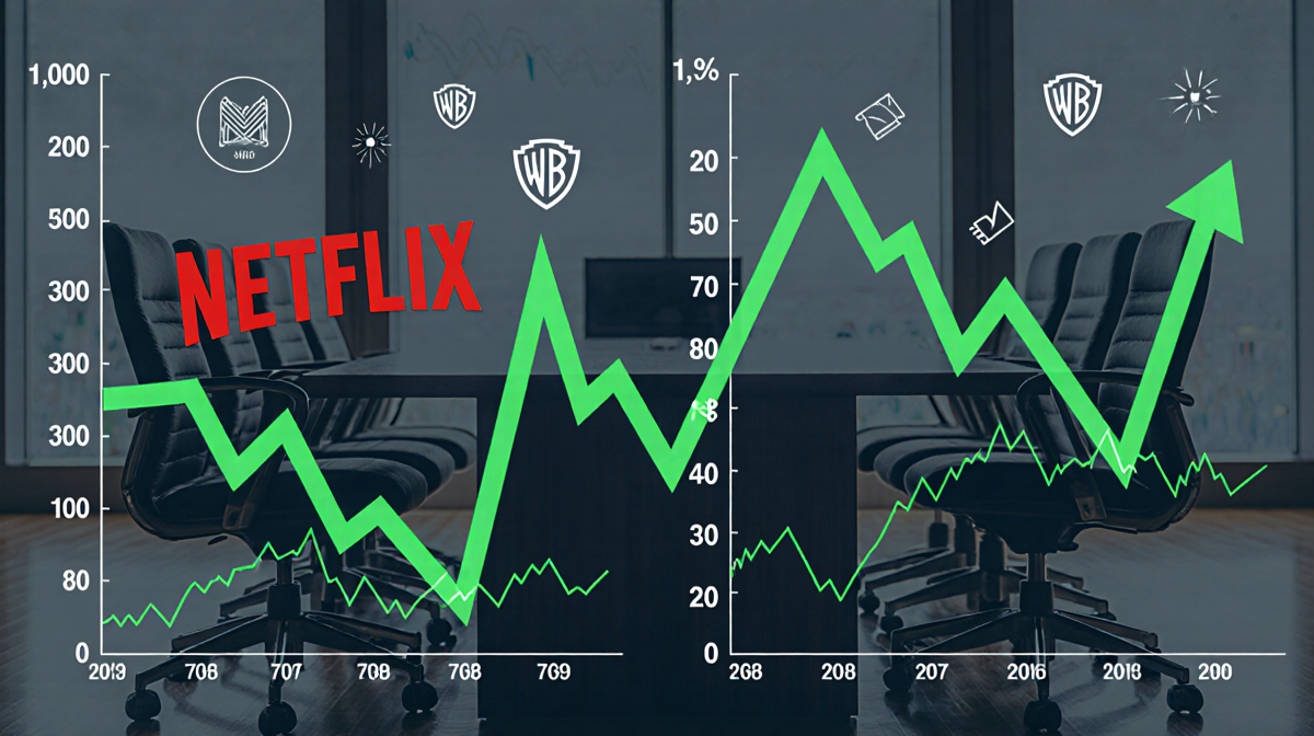 Two stock market graphs showing Netflix rising green trendline and Warner Bros. Discovery dip with financial background.