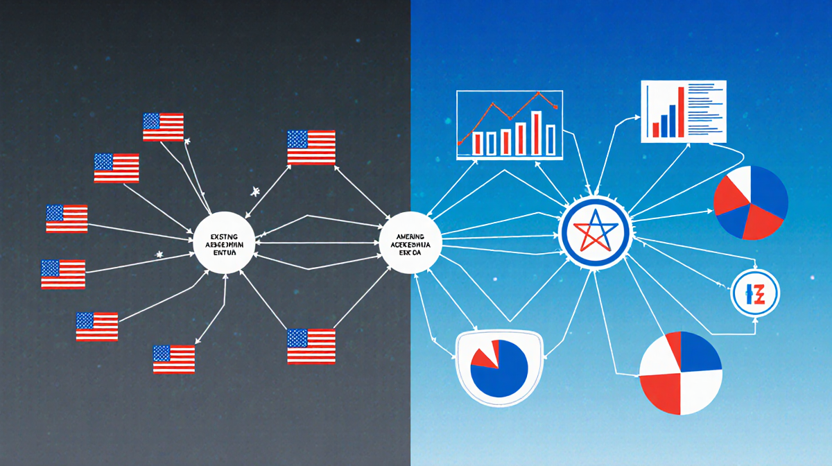 Neural network diagram split screen with dark gray algorithm near flags and blue retraining charts