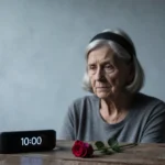 Woman in her 50s watching neurofeedback headband timer with rose petal on worn wooden table