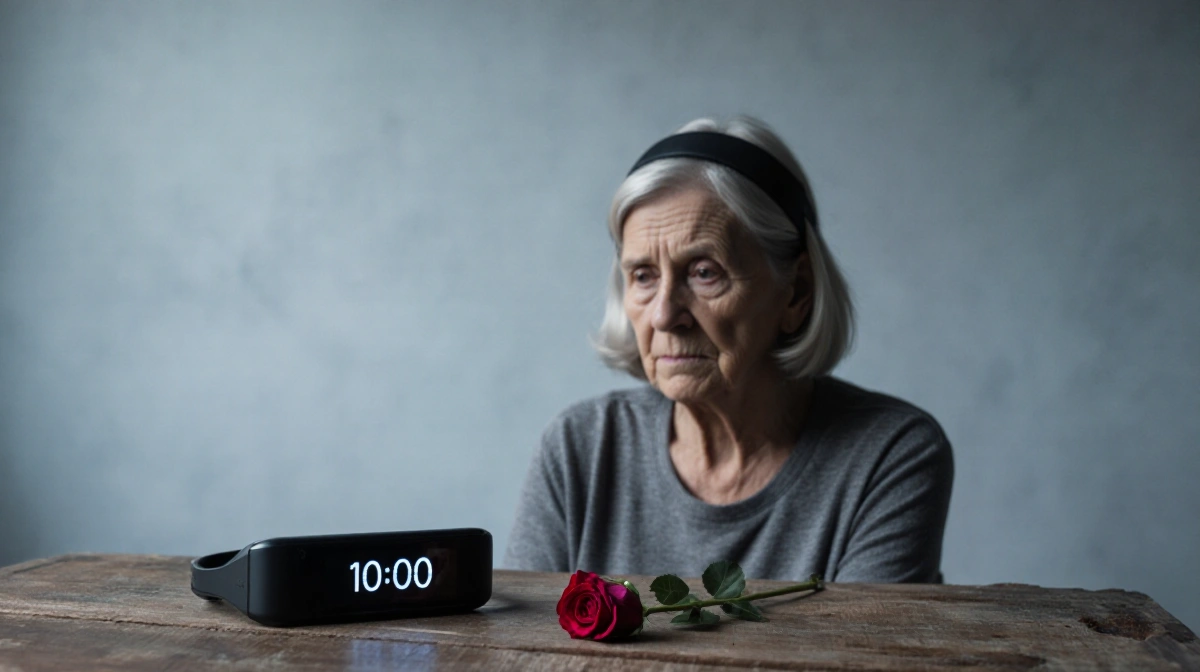 Woman in her 50s watching neurofeedback headband timer with rose petal on worn wooden table