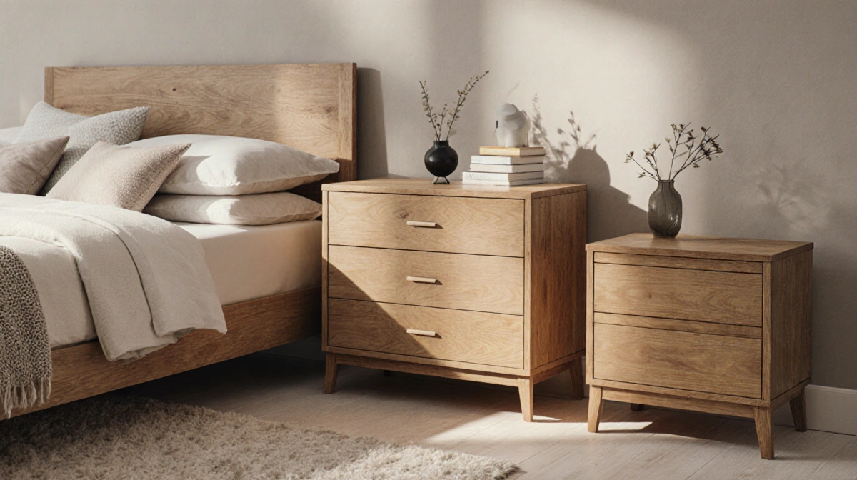 Three wood bedroom furniture pieces sit together with neutral bedding and soft pillows in warm light