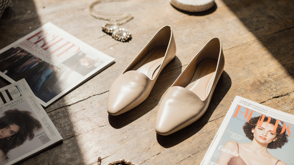 Low-heeled neutral flats rest on worn wood floor with scattered magazines and soft natural light creating chic style