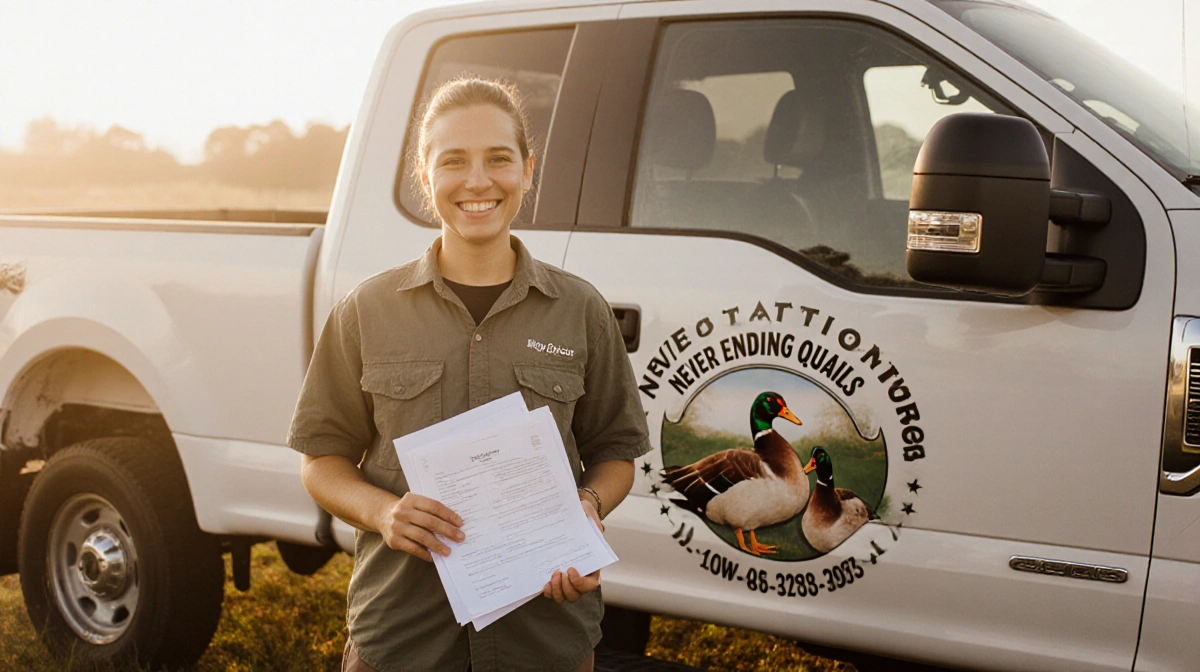 Person stands confidently with papers and Never Ending Quails logo on truck behind them