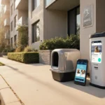 A modern condo entrance shows a litter box and pet waste bin with a DNA testing kit and smartphone displaying dog profile inf