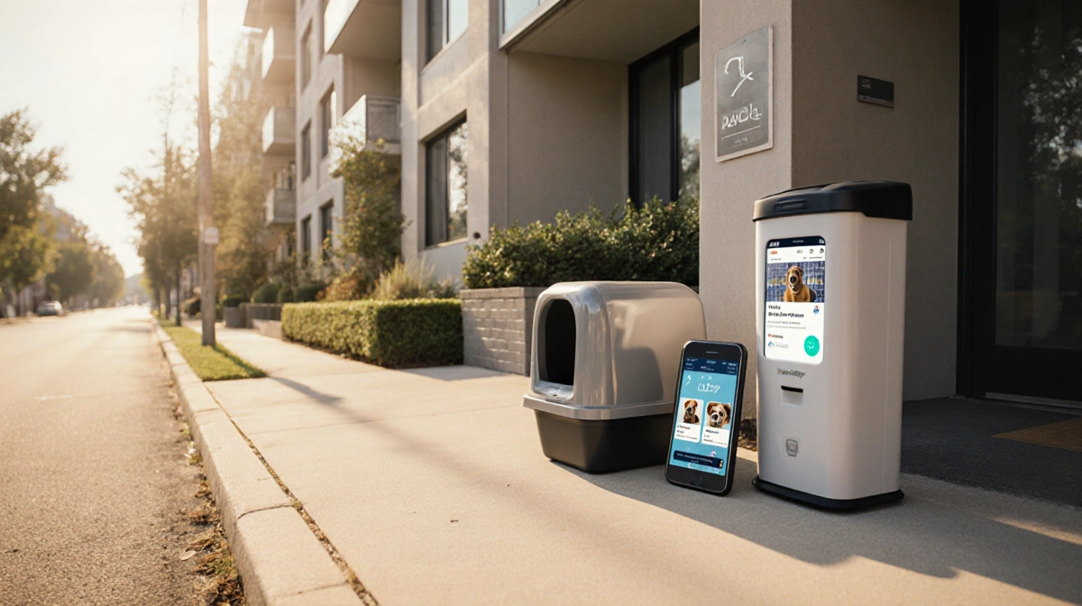 A modern condo entrance shows a litter box and pet waste bin with a DNA testing kit and smartphone displaying dog profile inf