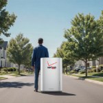 Person standing beside white Verizon Fios router with lush greenery and suburban street background
