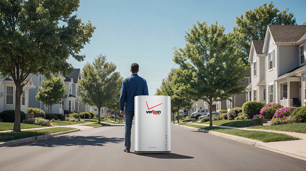 Person standing beside white Verizon Fios router with lush greenery and suburban street background
