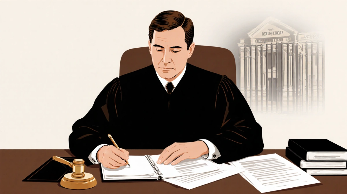 New Mexico judge holding gavel and notebook with courthouse background showing judicial documents