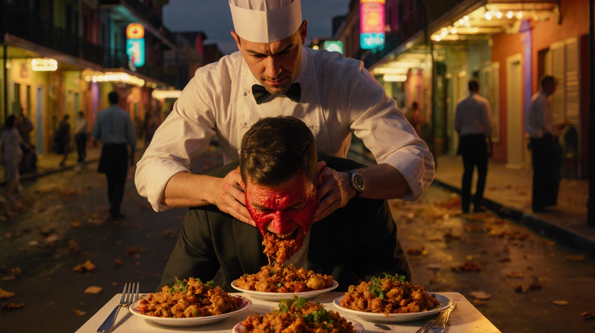 Waiter supports choking diner slumped over table with scattered jambalaya plates and warm New Orleans street lights behind