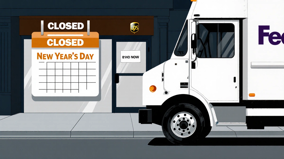 FedEx/UPS truck parked in front of a closed storefront with a calendar marking New Year's Day and a phone number on the truck