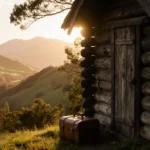 Rustic cabin glows with golden dawn light as weathered suitcase rests beside the door in peaceful New Zealand hills