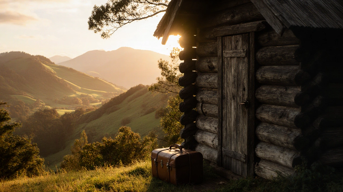 Rustic cabin glows with golden dawn light as weathered suitcase rests beside the door in peaceful New Zealand hills