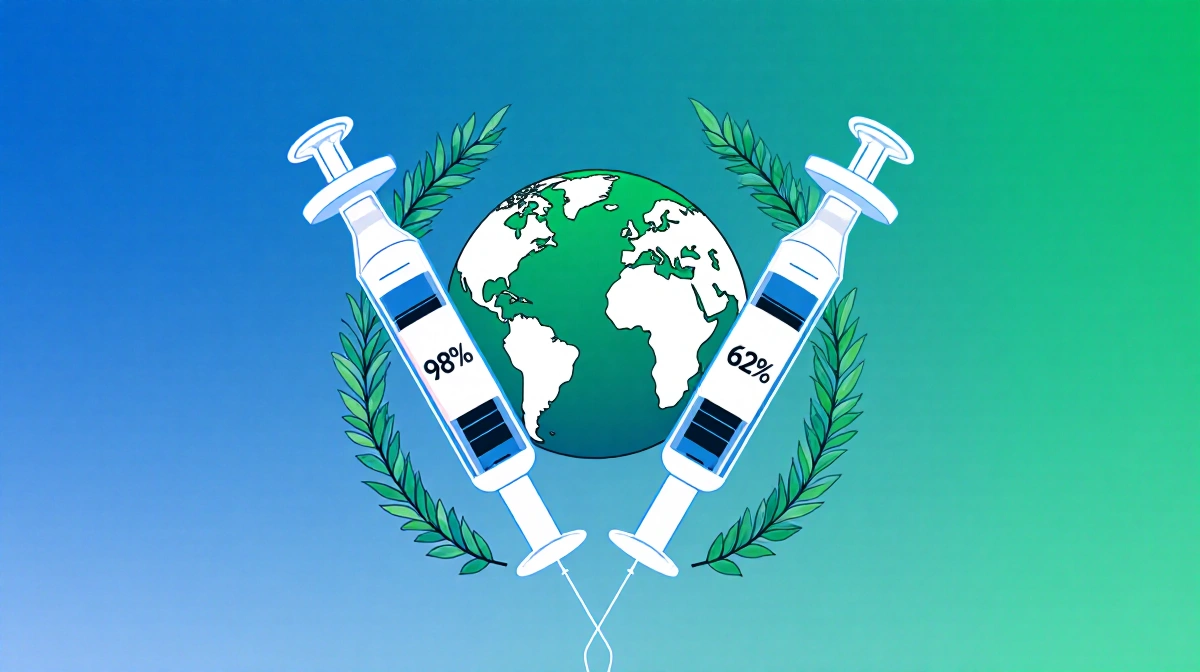 Two vaccine syringes form a V shape with a globe showing 98% and 62% vaccination rates against New Zealand's COVID success wi