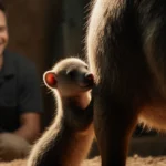 Newborn aardvark calf nuzzles mother