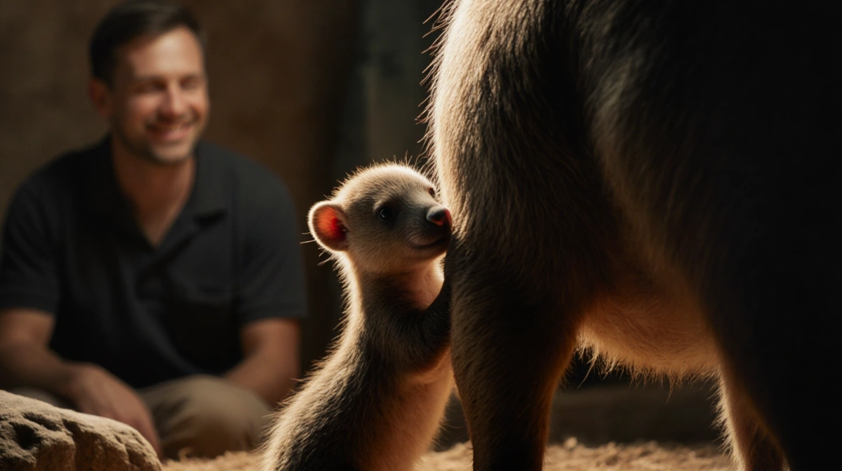 Newborn aardvark calf nuzzles mother