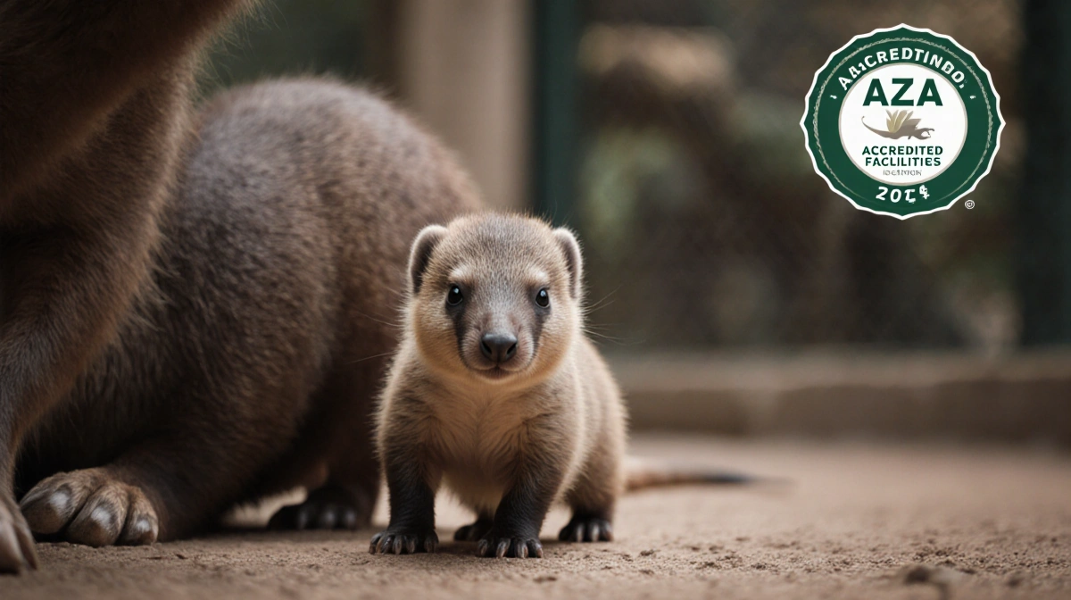 Newborn aardvark calf stands with mother in zoo enclosure with AZA logos visible in background