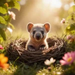 Newborn baby aardvark peeking from nest with tiny paws and nose visible among lush green plants and flowers