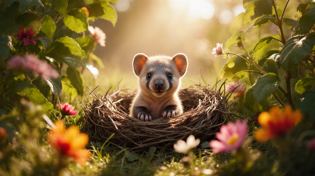 Newborn baby aardvark peeking from nest with tiny paws and nose visible among lush green plants and flowers