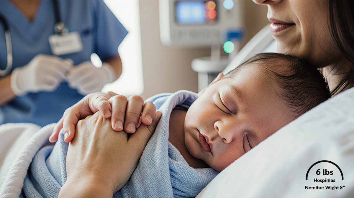 James cradled by mother Sarah Jessica Parker with hospital background and weight 6 lbs 8 oz near bottom right.