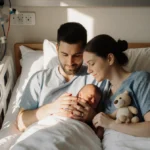 Chris and Nicole gently touch their newborn son in hospital bassinet with stuffed animal showing tender family bonding