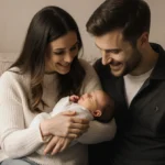 AD and Ollie cradling newborn baby with soft nursery lighting and flowers on floor