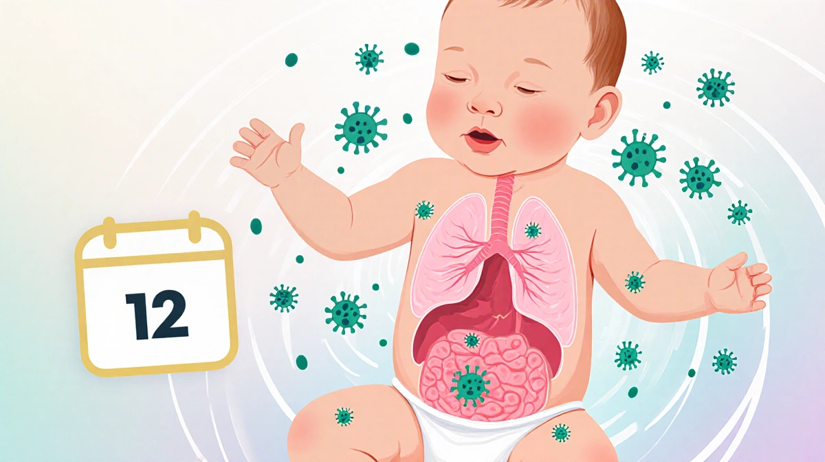 Newborn baby surrounded by swirling viruses and bacteria with seasonal calendar icon showing peak respiratory virus season