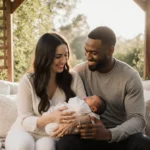 Haley and MonDarius Black holding hands with newborn baby surrounded by garden greenery and soft natural light