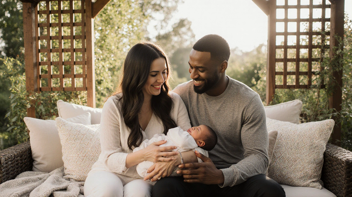 Haley and MonDarius Black holding hands with newborn baby surrounded by garden greenery and soft natural light