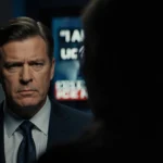 News anchor confronts journalist with harsh studio lighting and blurred TV screen showing breaking news