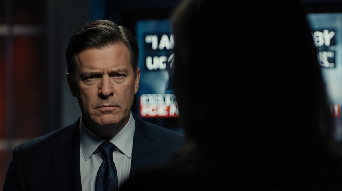 News anchor confronts journalist with harsh studio lighting and blurred TV screen showing breaking news