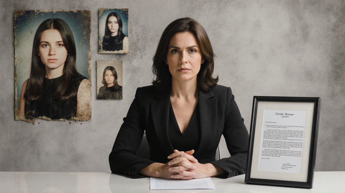 News anchor announcing obituary with solemn expression and faded memorial photo of Eleisha Skinner in background