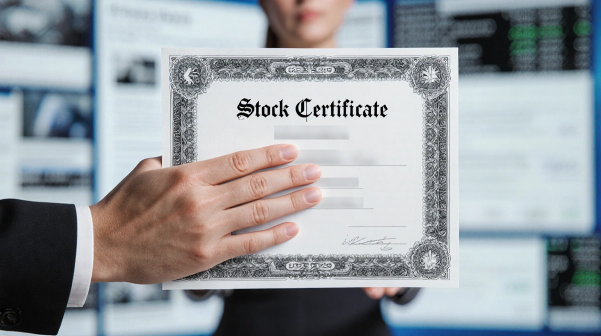 News anchor holding stock certificate with hand partially covering company name with blurred financial data in background