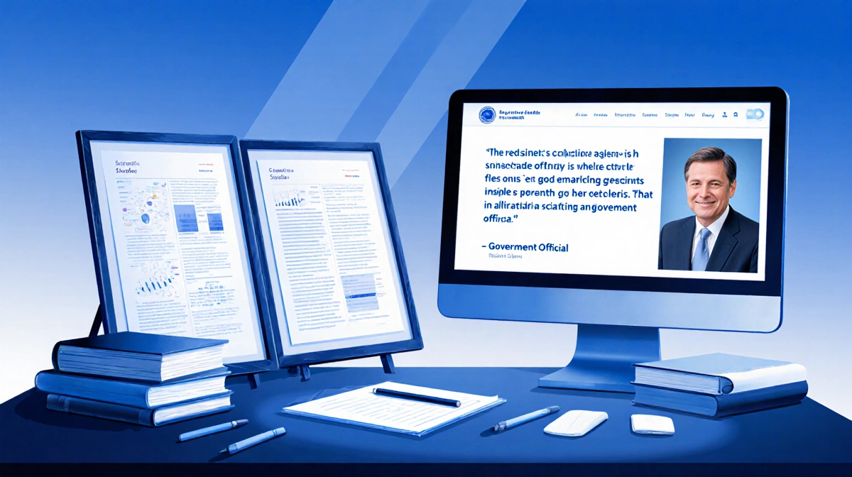 News desk displays scientific studies with computer screen showing government quote and headline in corner