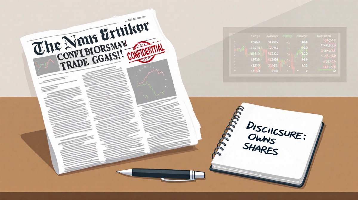 Newspaper article sits on desk with Confidential stamp and disclosure note showing stock trading conflict