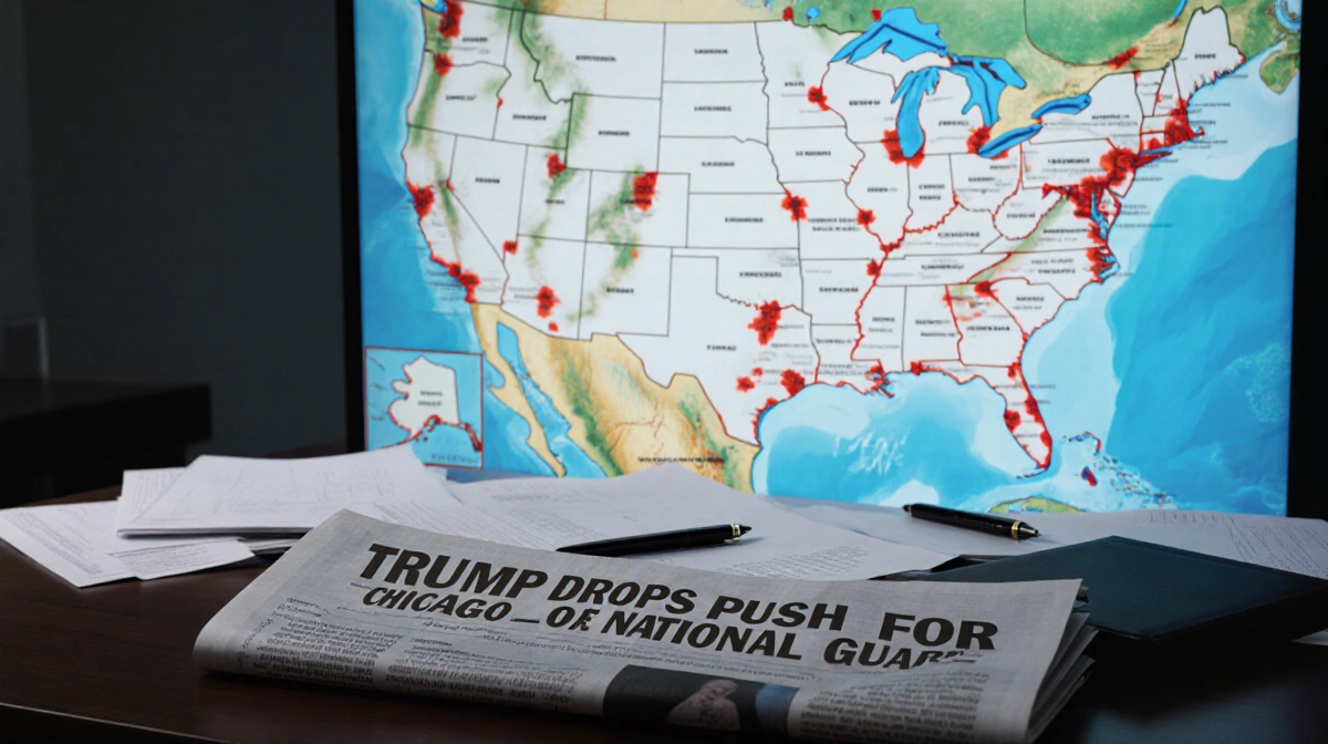 Newspaper headline Trump drops push for National Guard sits on desk with papers and lit map of the United States
