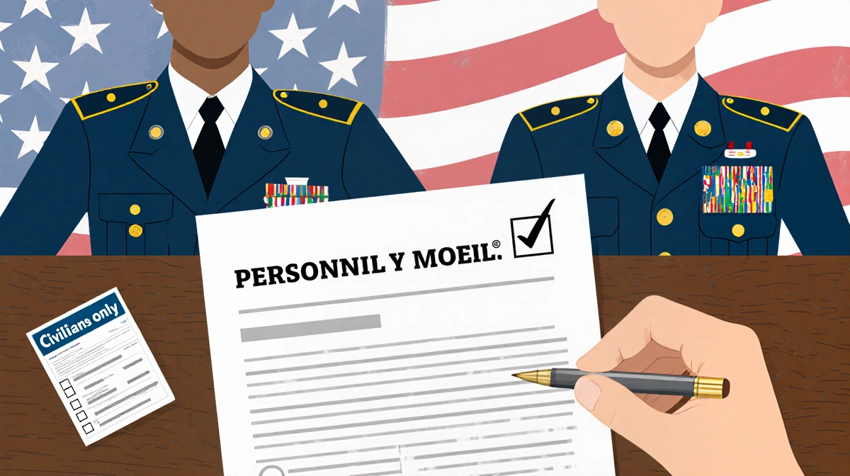 A pen crossing out civilians only checkbox on job application with military uniforms and American flag pattern in background