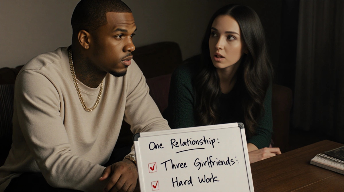 Ne-Yo explaining relationship dynamics with girlfriend across table showing whiteboard with One Relationship and Three Girlfr